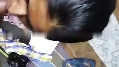 Cute girlfriend in bra giving blowjob to boyfriend